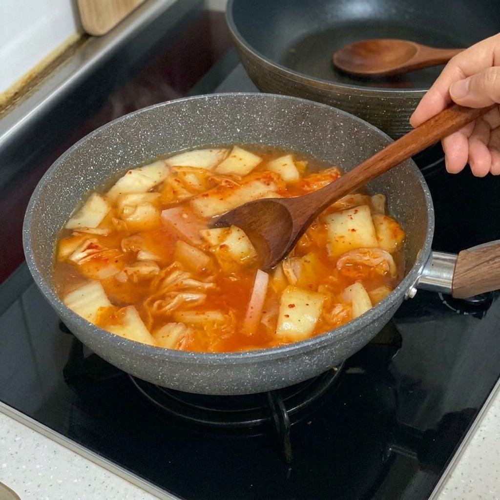 Des tranches de tofu blanc placées délicatement dans le ragoût rouge bouillonnant.