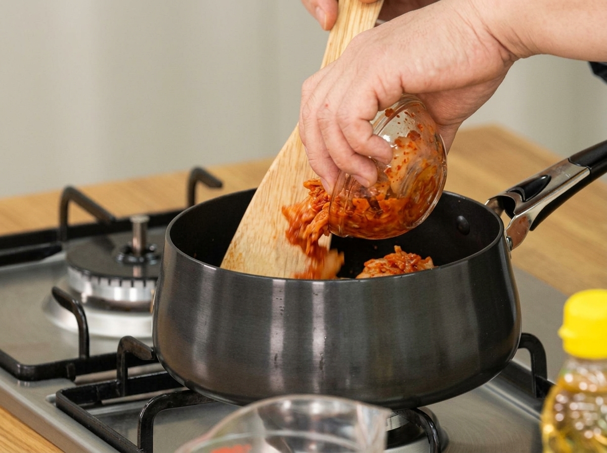 Du kimchi vieilli ajouté dans une casserole avec une cuillère en bois pour faire revenir.