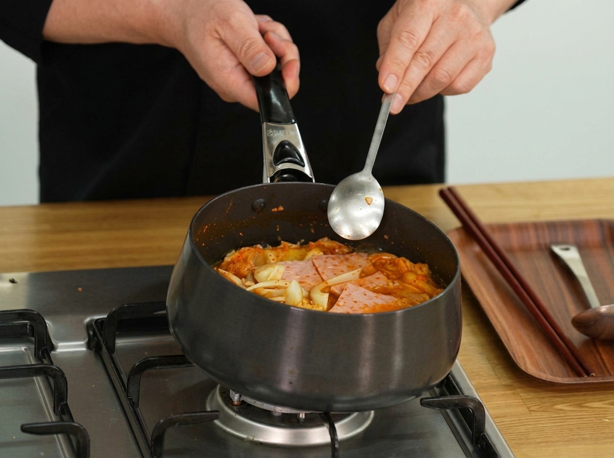 Poudre de piment et crevettes séchées ajoutées dans le ragoût frémissant.