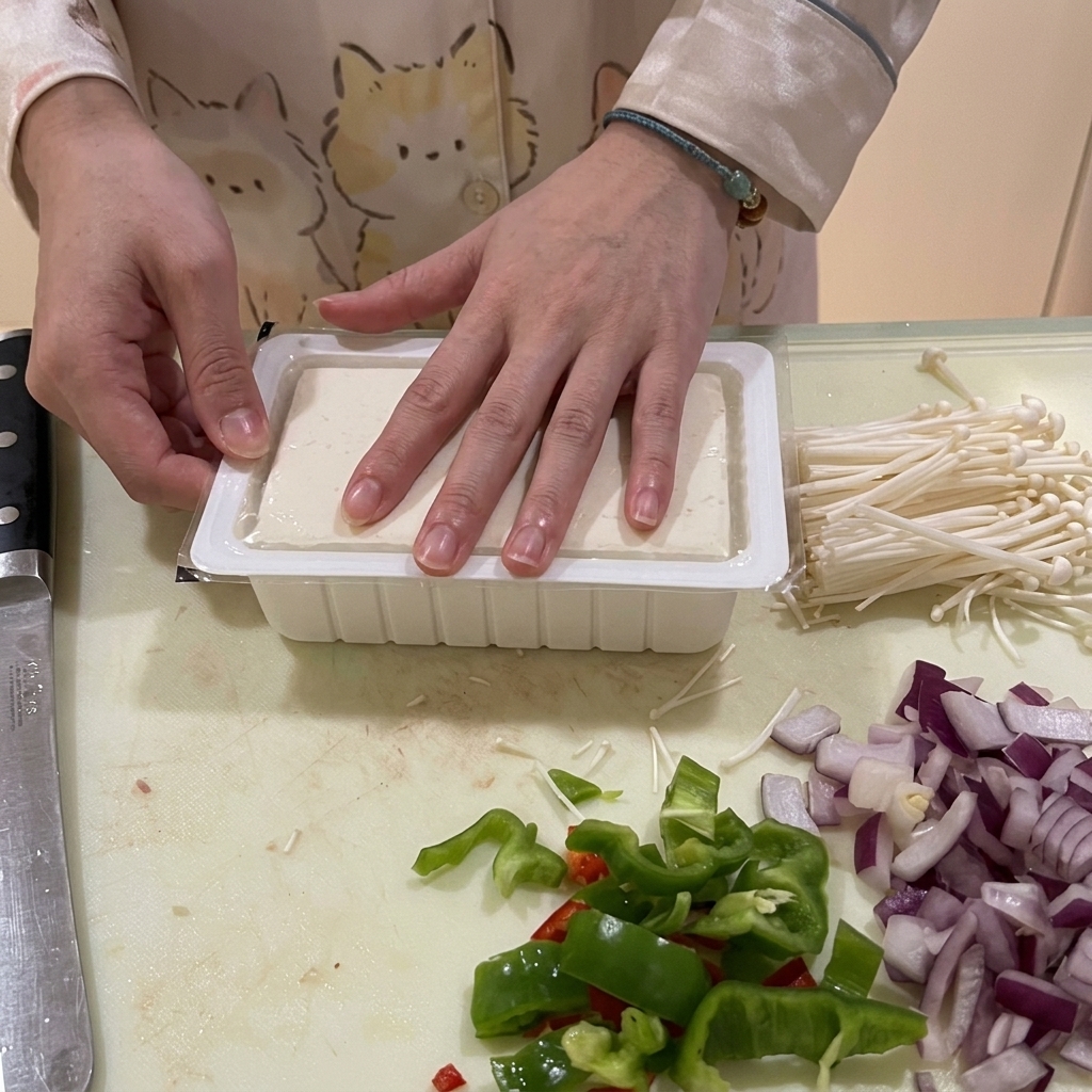 Un bloc de tofu soyeux démoulé avec précaution.