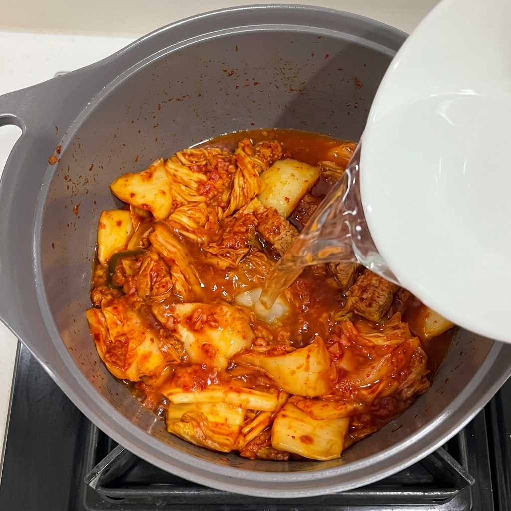 De leau versée dans la marmite avec le Spam et le kimchi, avec de lail haché ajouté.
