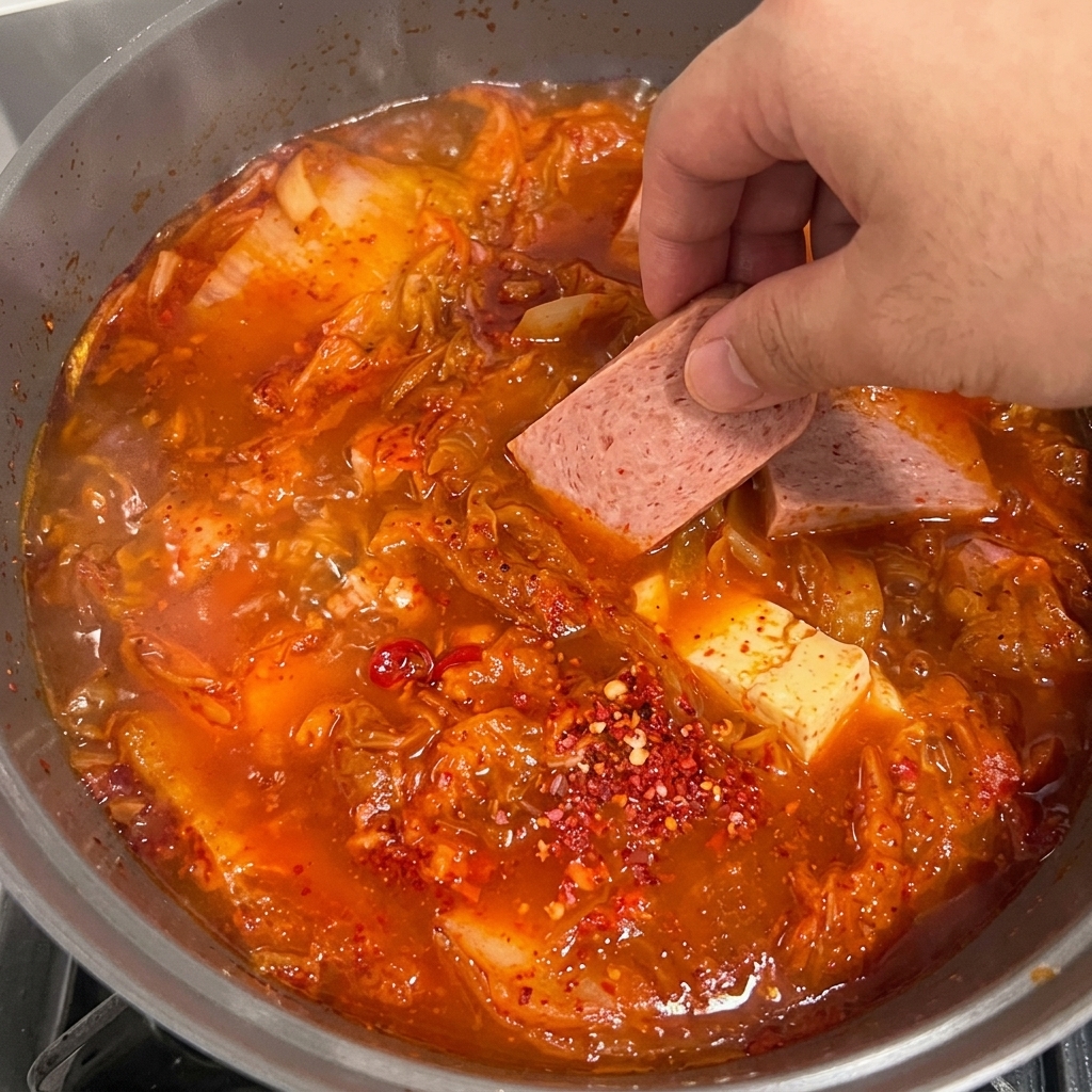 Tranches de Spam et tofu délicatement ajoutés dans le ragoût de kimchi mijotant.