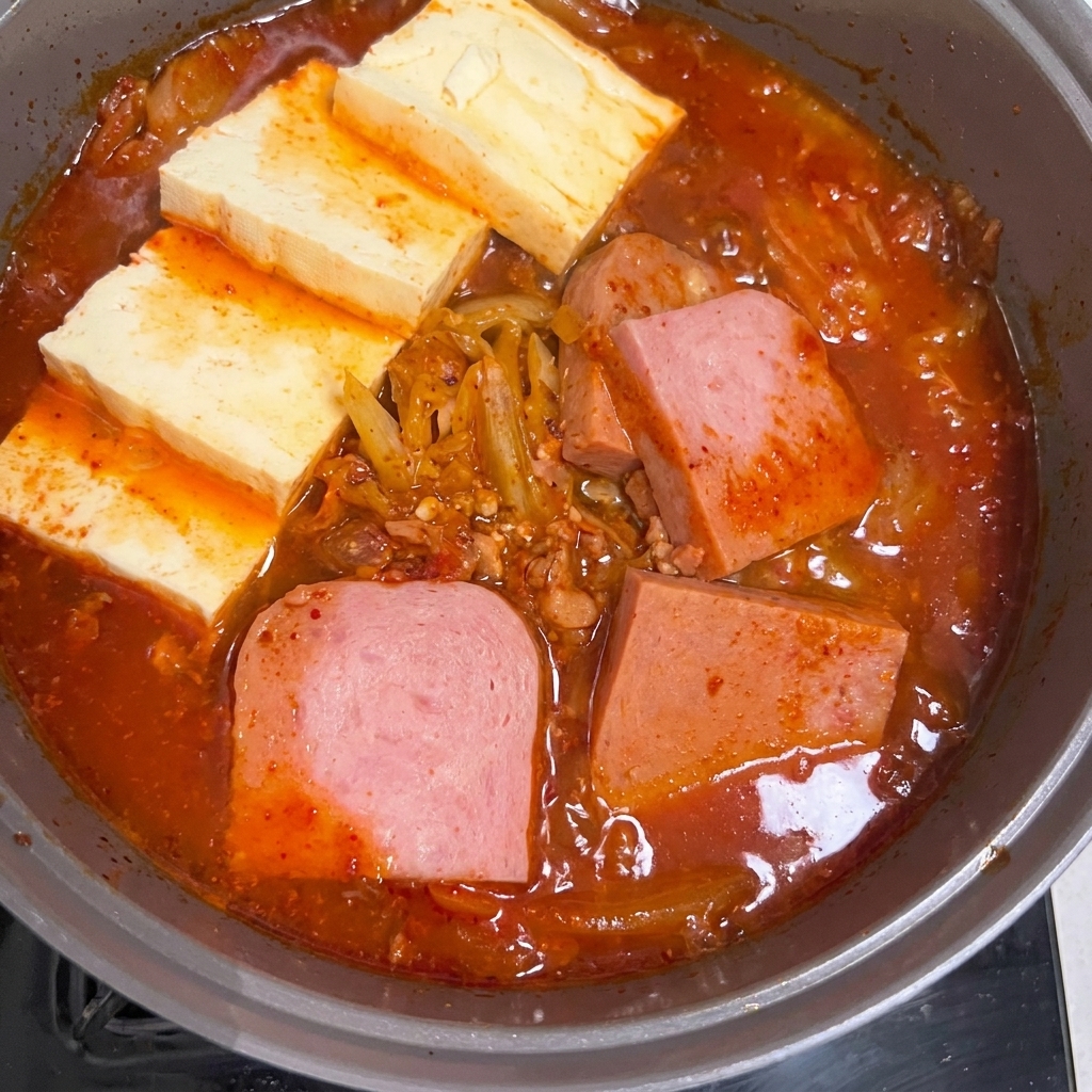 Une marmite de ragoût de kimchi au Spam terminée, garnie de poivrons verts et doignons verts frais.