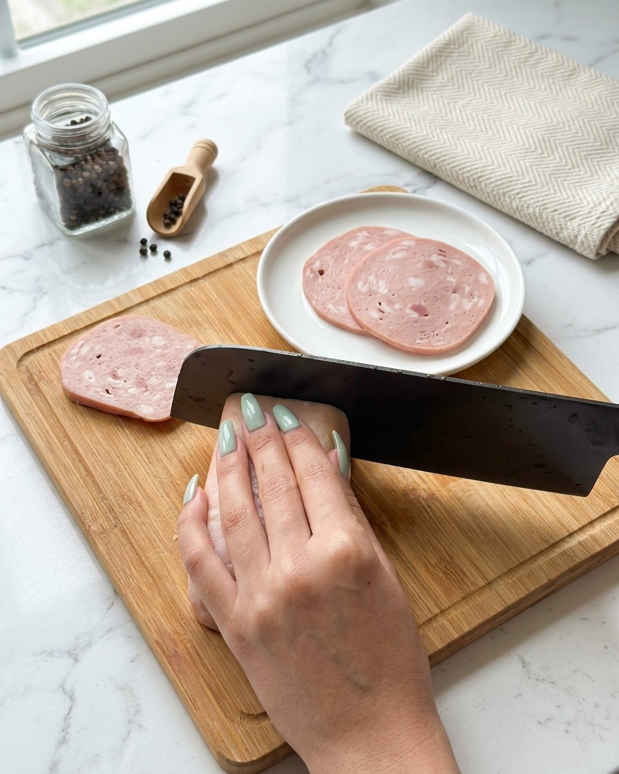 Des mains coupant soigneusement un bloc de jambon en tranches rectangulaires égales sur une planche en bois.