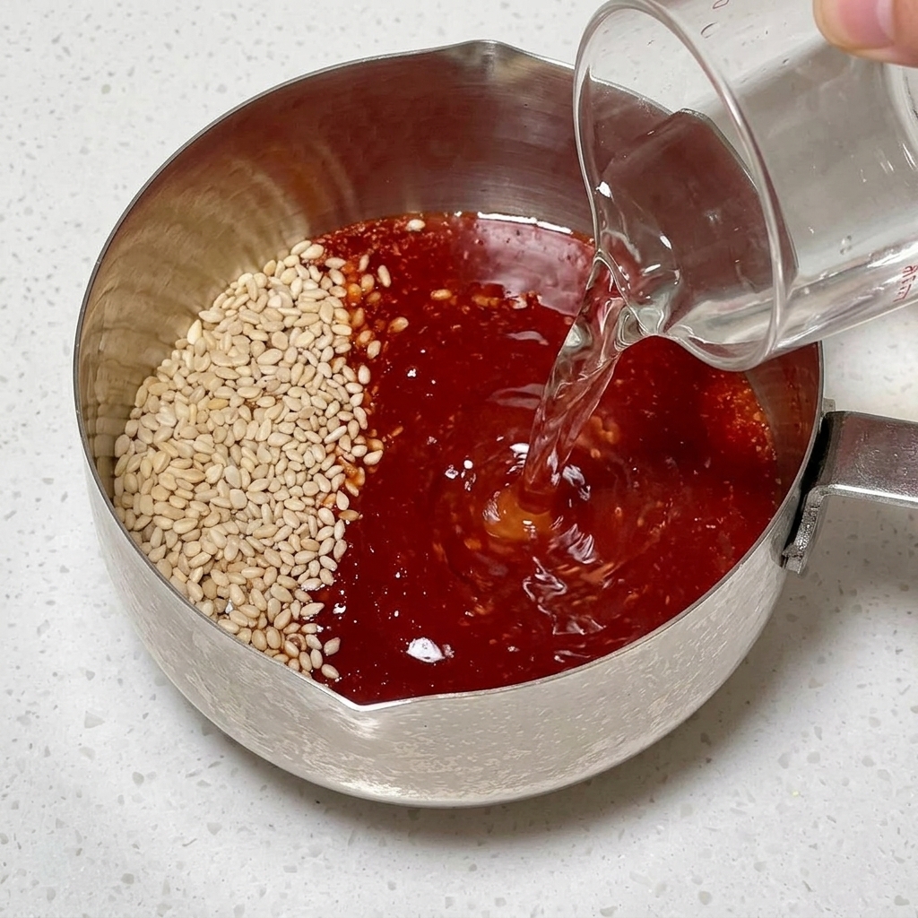 Verser de leau claire dans une petite casserole contenant de la pâte de piment rouge, de la sauce soja et des graines de sésame.