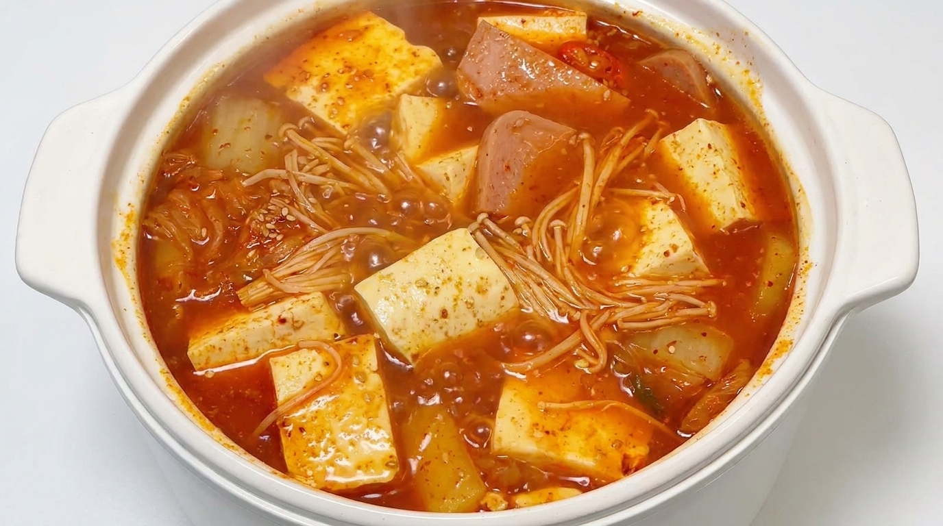 Une marmite bouillonnante de soupe de kimchi au tofu, garnie de morceaux de jambon et de champignons enoki dans un bouillon rouge vif.