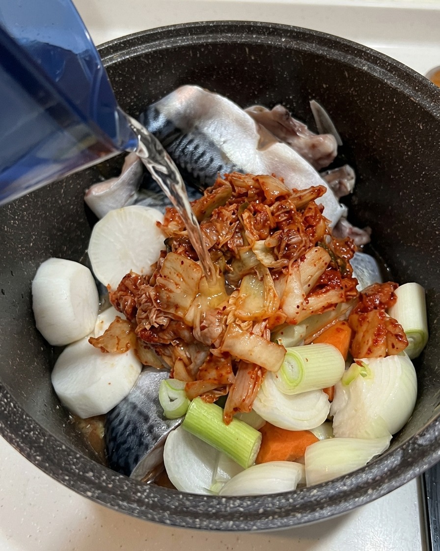 Un filet deau claire versé depuis une carafe bleue dans la casserole contenant le maquereau, le radis et le kimchi.