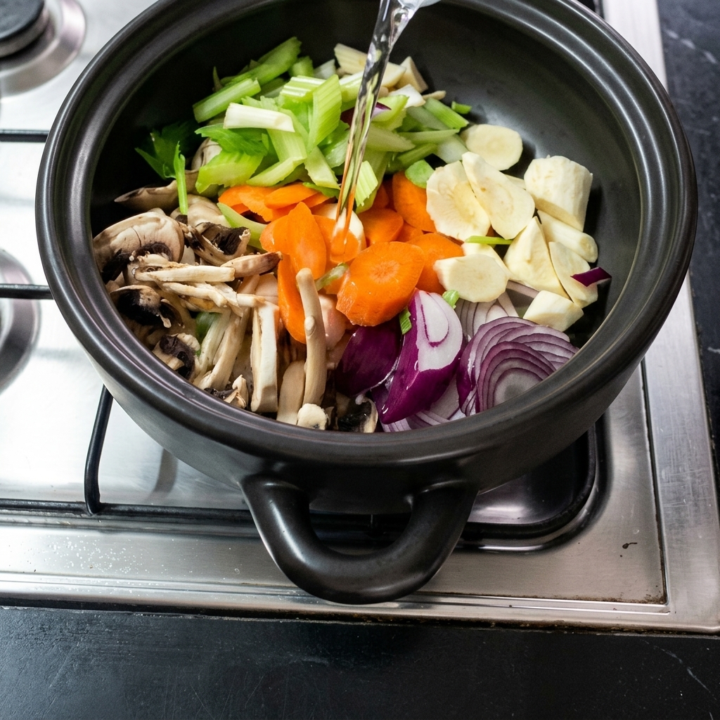 De leau versée dans la cocotte sur les légumes disposés.