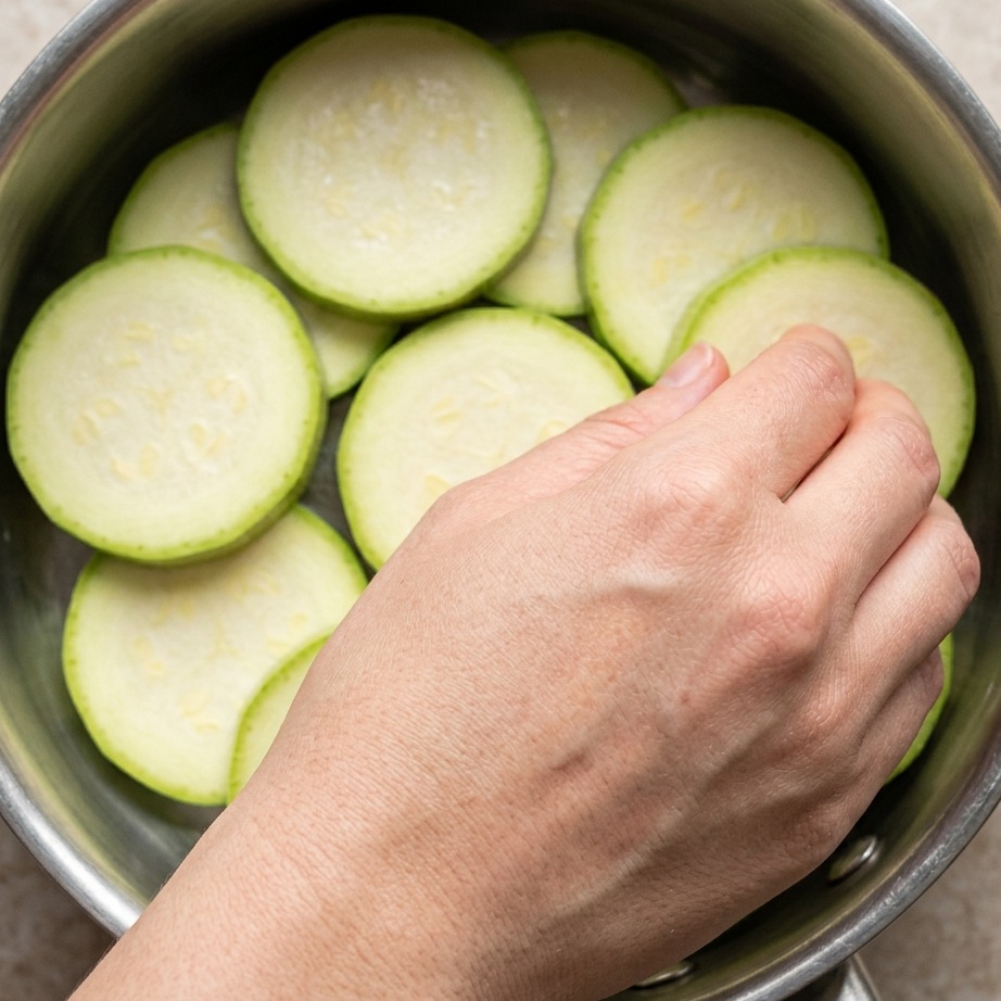 Tranches de pommes de terre déposées sur les radis dans la casserole.