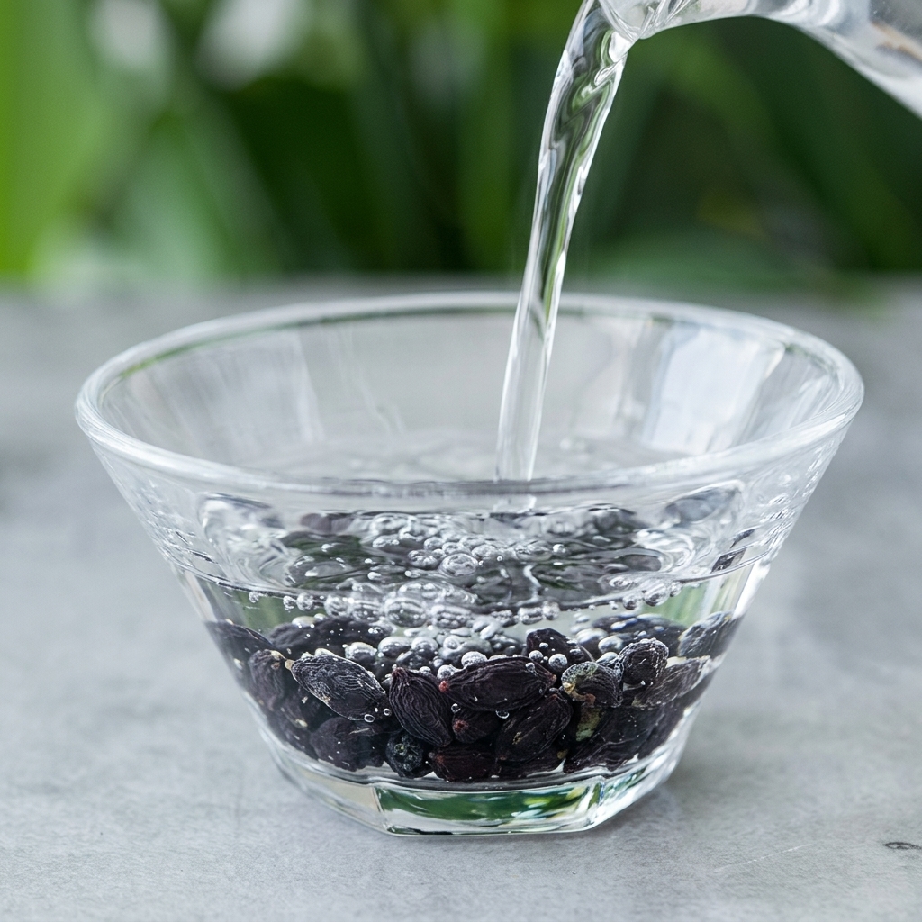 Eau tiède versée sur des algues wakamé séchées dans un bol.