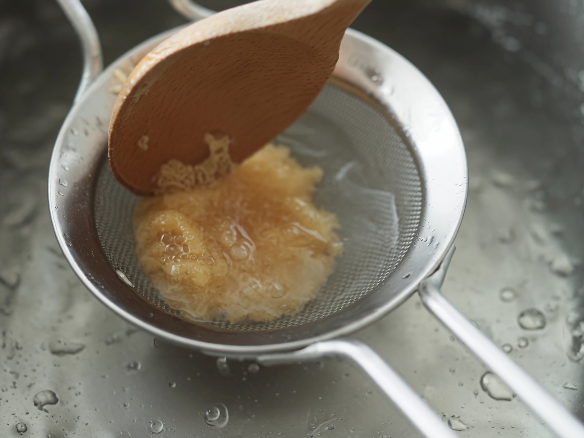 Pâte miso incorporée à travers une passoire dans la soupe.