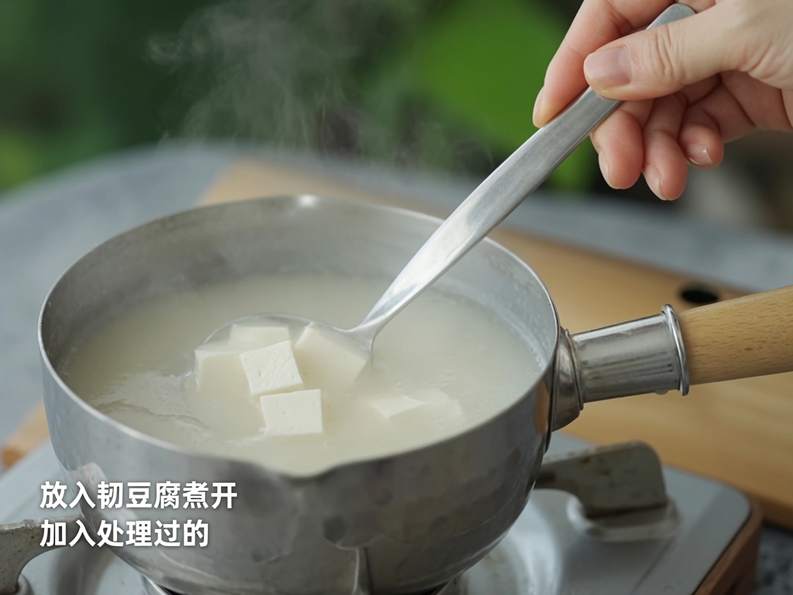 Cubes de tofu ajoutés dans la soupe miso.