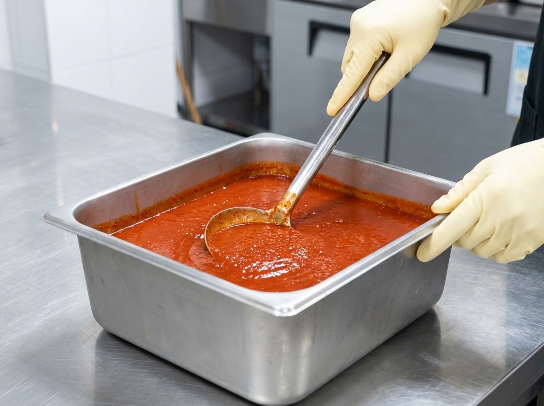 Verser une sauce épicée rouge épaisse dans une grande casserole deau.