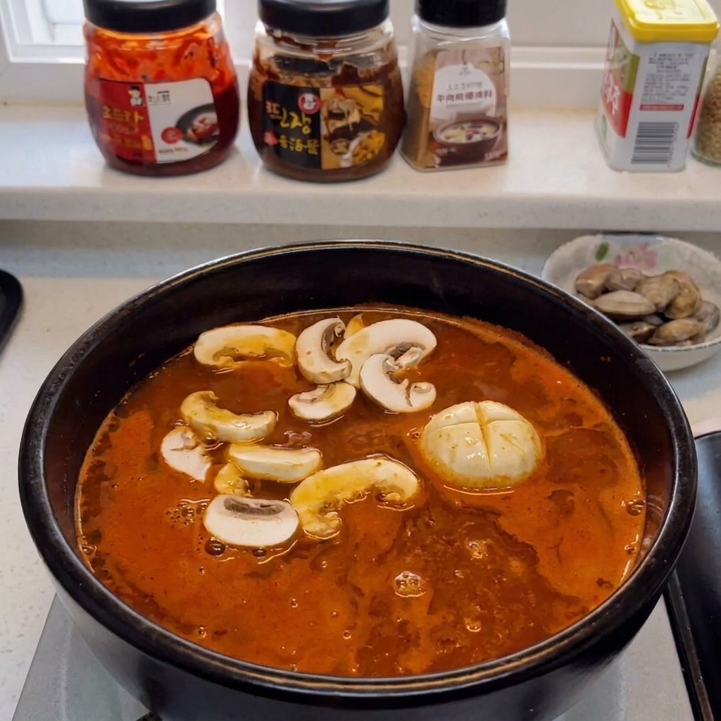 Champignons de Paris émincés ajoutés dans le wok avec le porc, le gingembre et lail.