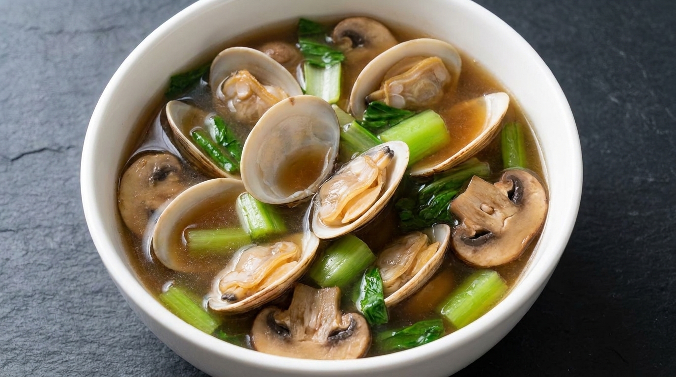Soupe savoureuse aux palourdes, champignons et pâte de soja