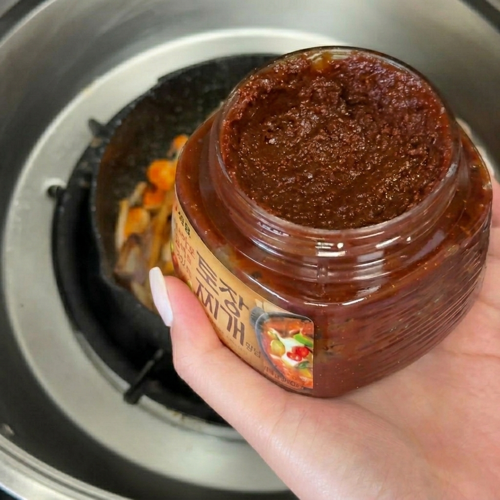 Une généreuse cuillerée de pâte de soja coréenne ajoutée aux légumes sautés.