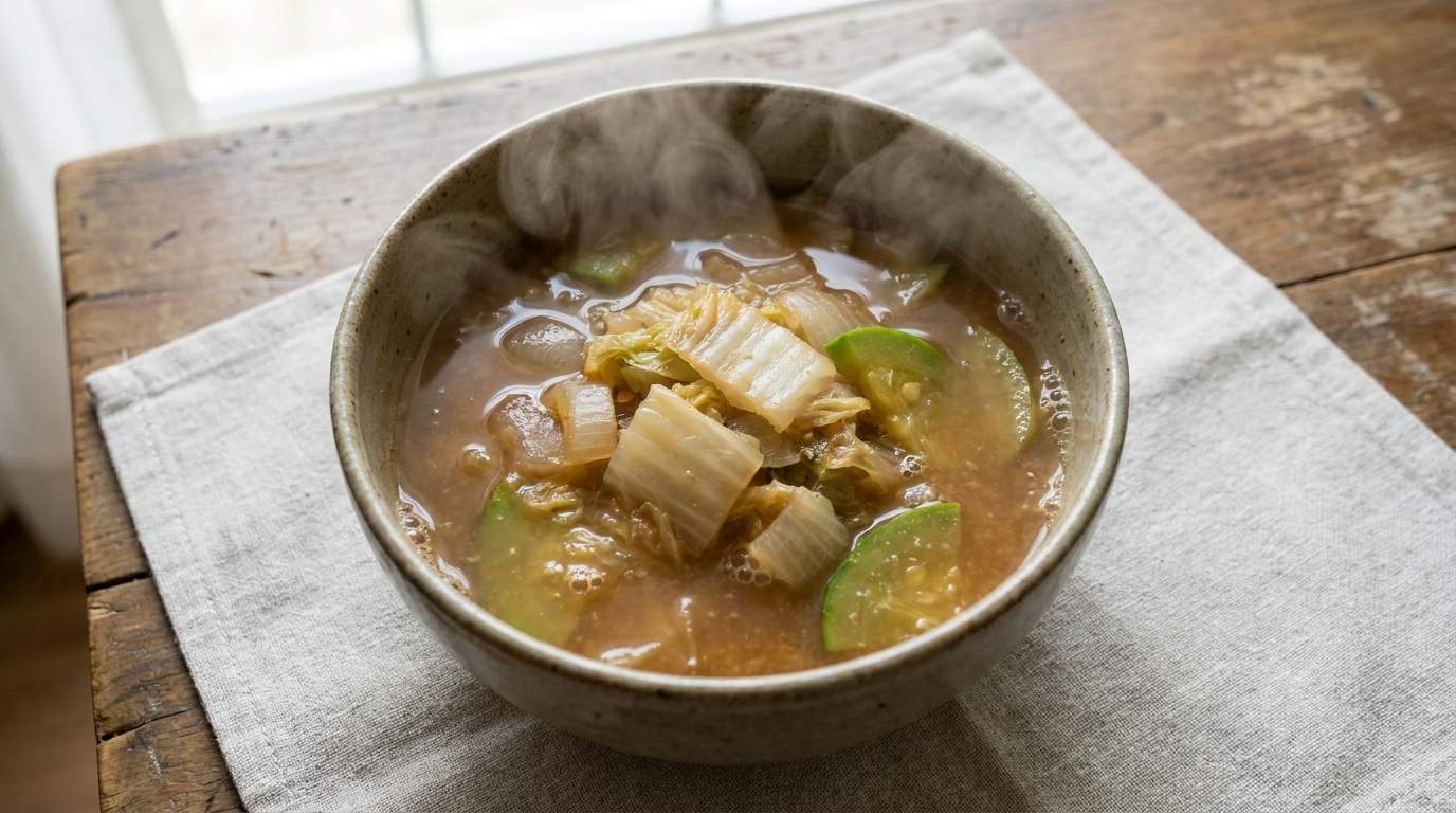 Un bol fumant de soupe rustique au chou chinois et à la pâte de soja, garni de légumes tendres.