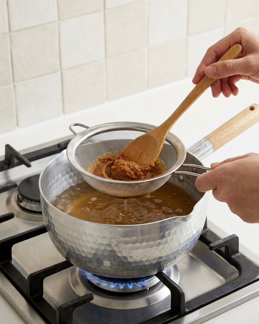 Pâte de soja pressée à travers une passoire fine dans le bouillon avec une cuillère en bois.
