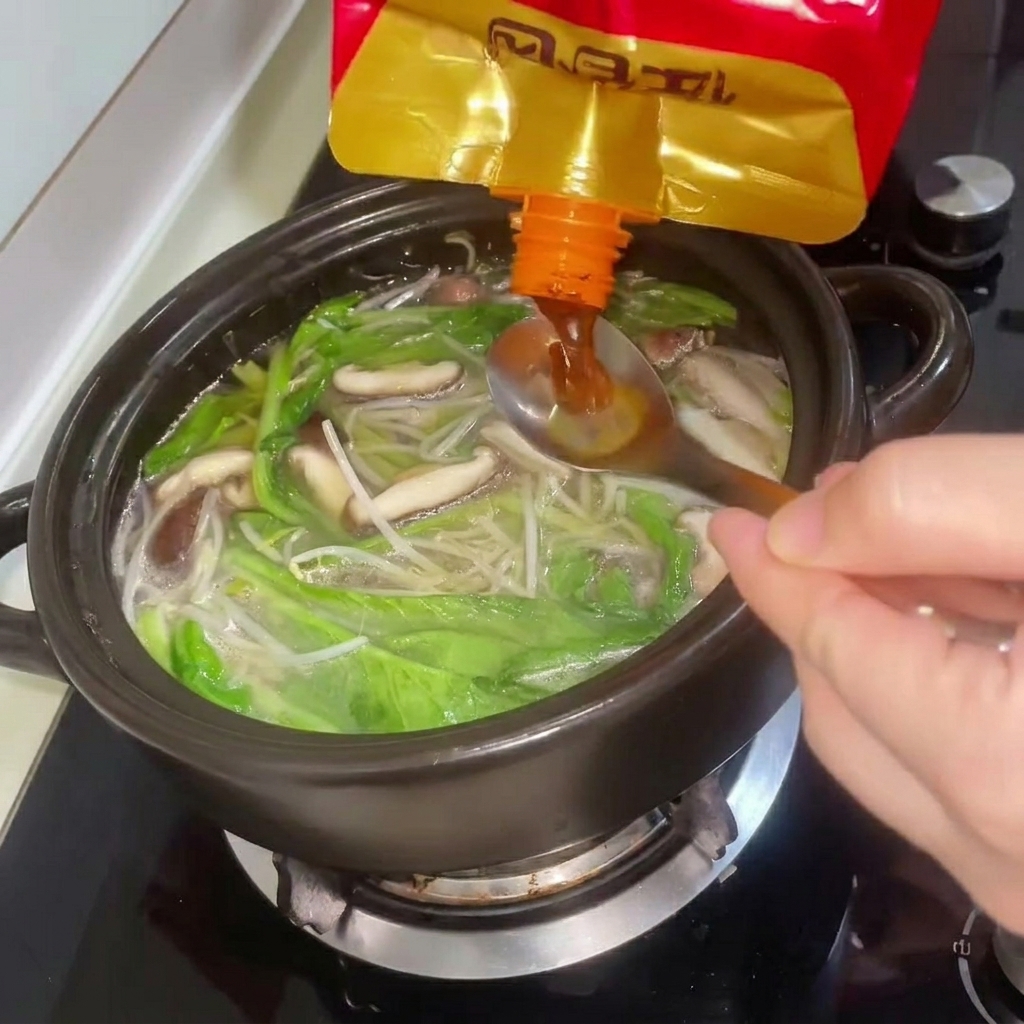 Une cuillerée de pâte de soja incorporée au bouillon dans la marmite.