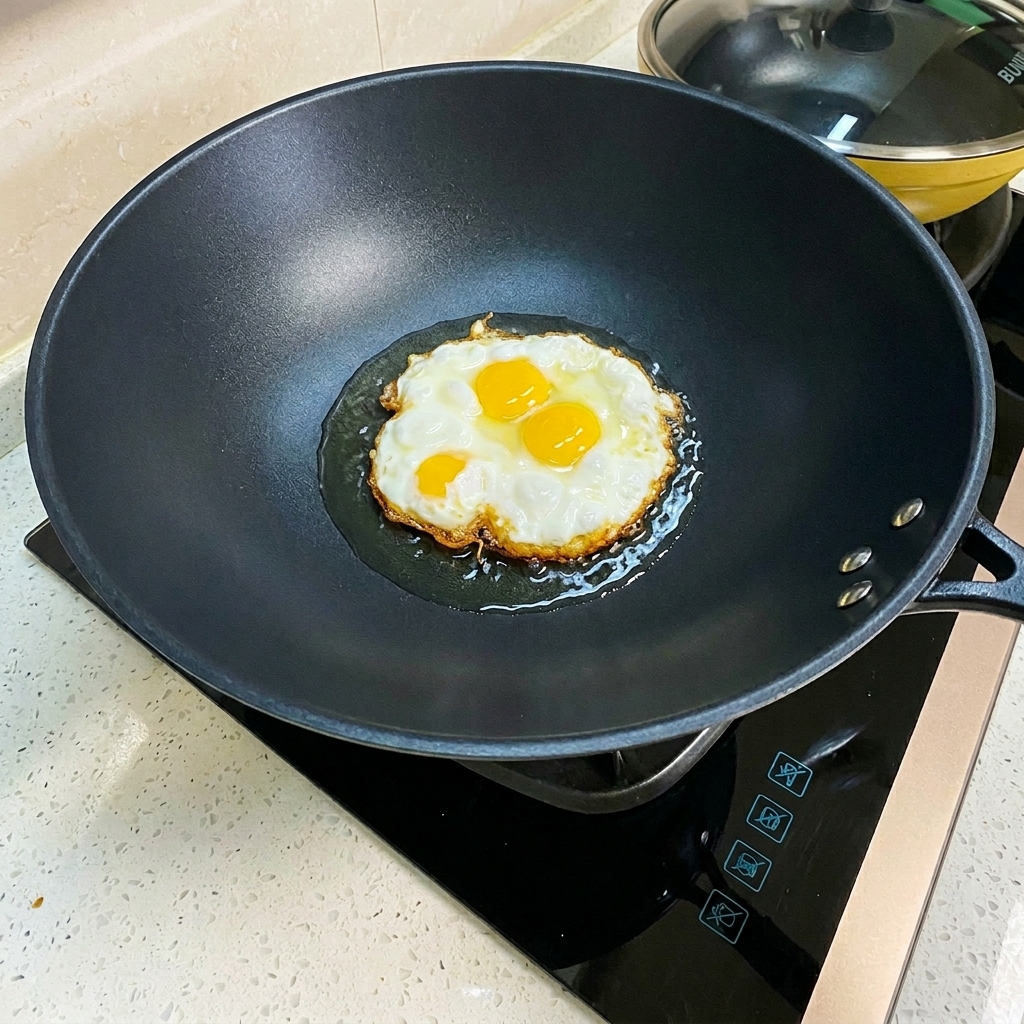 Œuf frit en train dêtre retourné dans un wok, montrant une face dorée et croustillante.