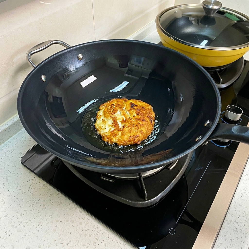 Grosses bouchées dœuf frit doré en train dêtre cassées par une spatule en métal dans un wok.