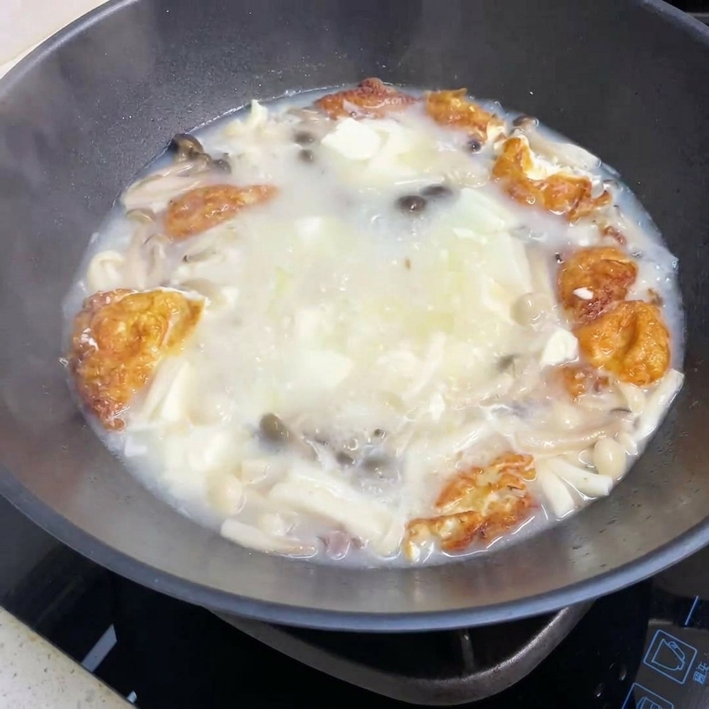 La soupe aux champignons et au tofu mijotant dans un wok avec lajout dassaisonnements.