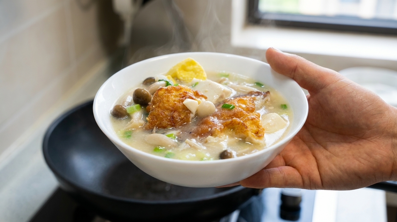 Soupe réconfortante aux œufs frits, champignons et tofu