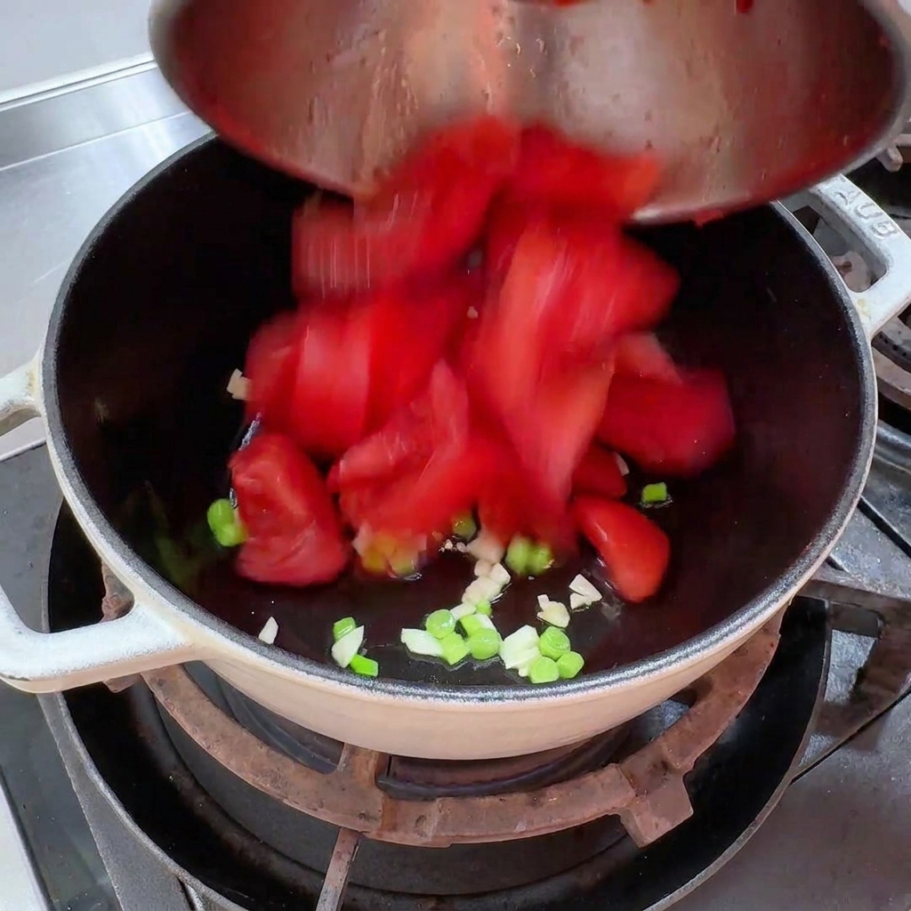 Morceaux de tomates fraîches pelées versés dans une casserole.