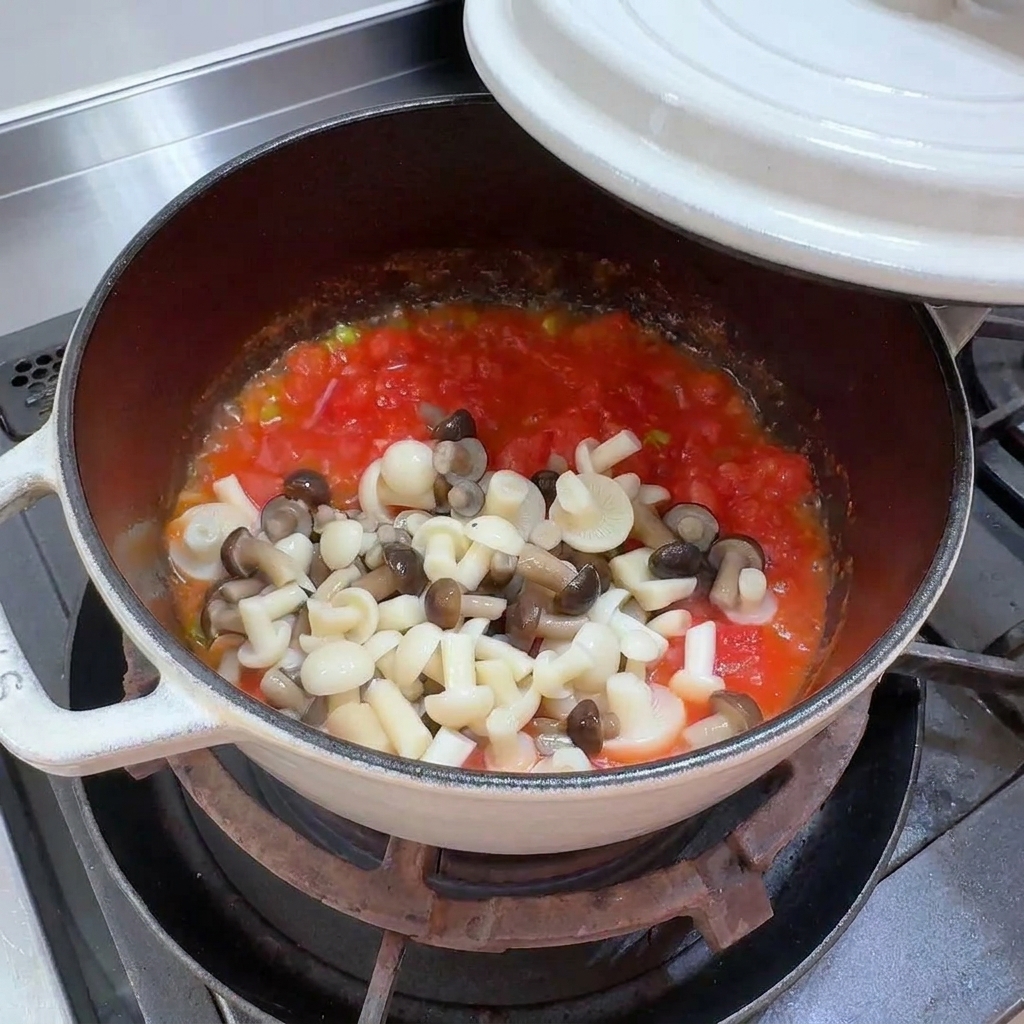 Champignons de hêtre frais ajoutés au mélange de tomates cuites.
