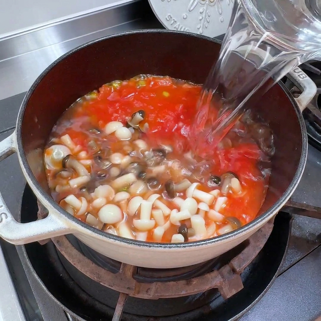 Eau versée depuis une carafe dans la casserole à soupe.