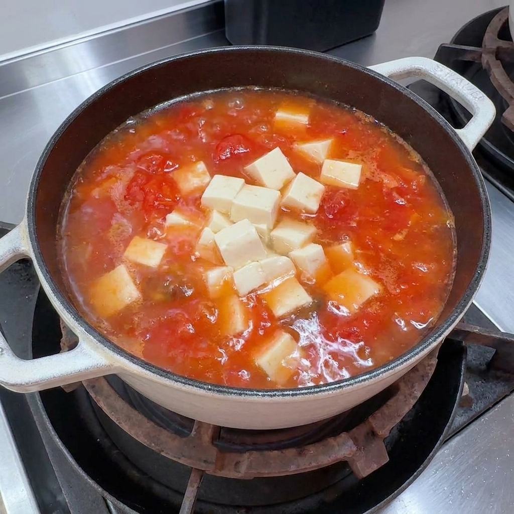 Cubes de tofu soyeux ajoutés dans le bouillon de tomate et champignons frémissant.