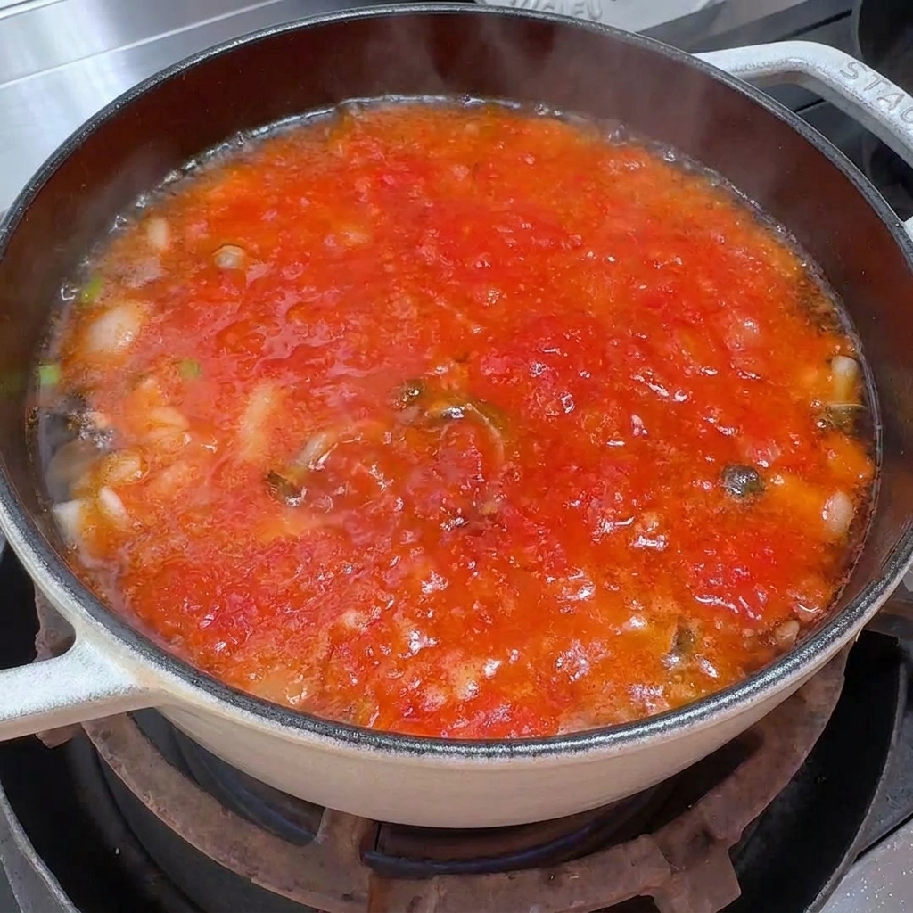 Une casserole de soupe rouge tomate et champignons en ébullition sur la cuisinière.
