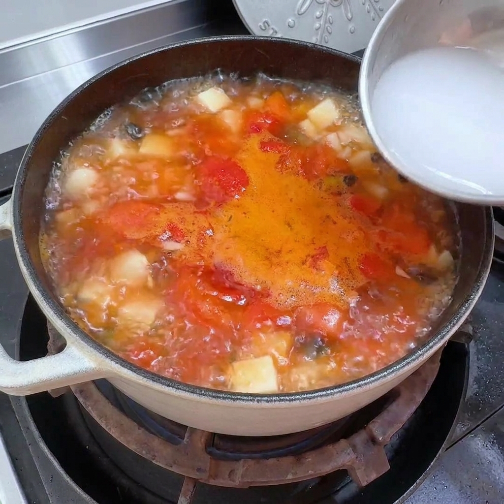 Verser un mélange eau-fécule blanc dans une casserole de soupe tomate bouillonnante.