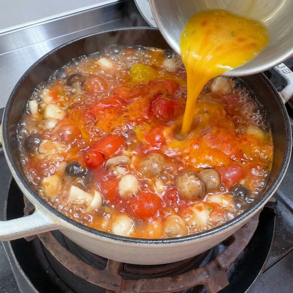 Verser de lœuf battu en un mouvement circulaire dans une casserole de soupe tomate et tofu bouillante.