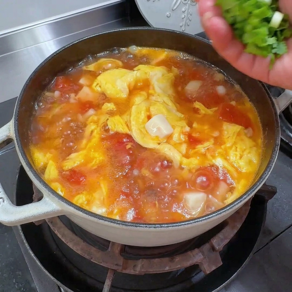 Gros plan sur des feuilles de coriandre fraîche saupoudrées sur une casserole de soupe tomate, tofu et œuf.