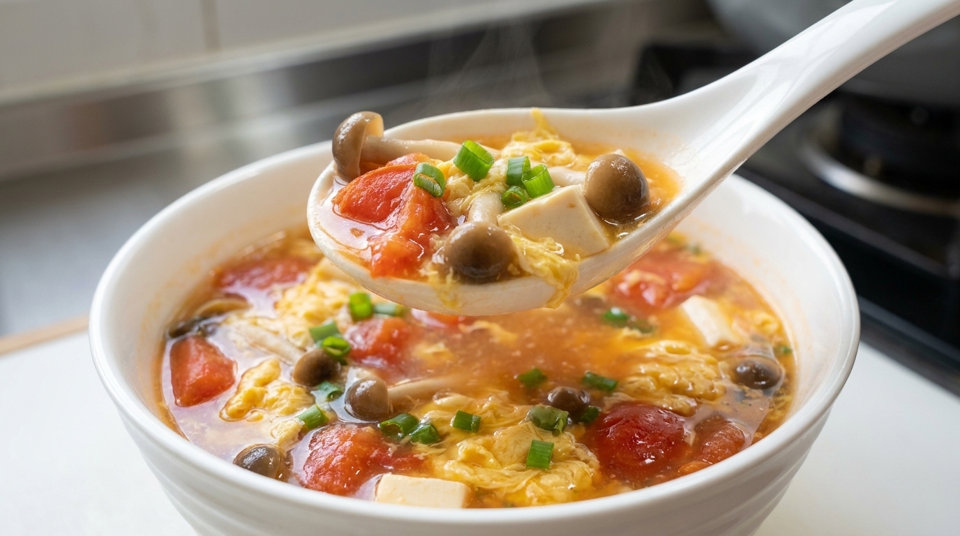 Un bol fumant de soupe aux tomates, champignons et œuf, généreusement garni de tofu soyeux et de ciboule fraîche.