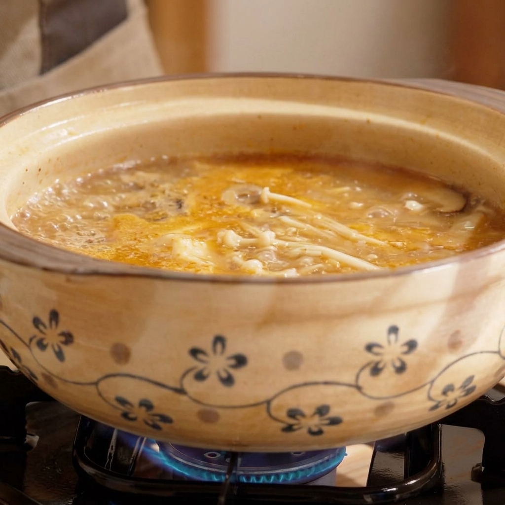 Cubes de tofu soyeux déposés dans le bouillon.