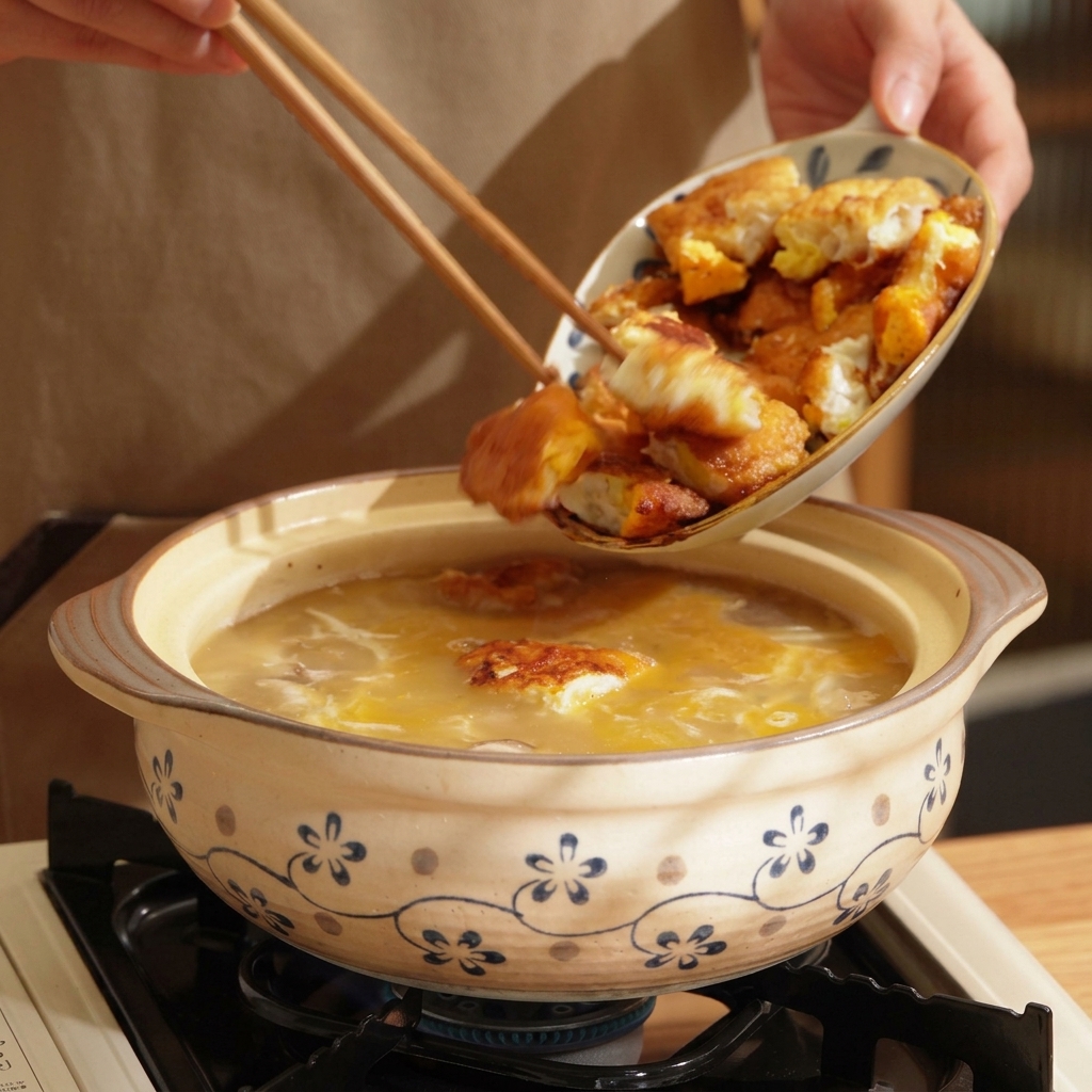 Morceaux dœufs frits ajoutés dans la soupe.