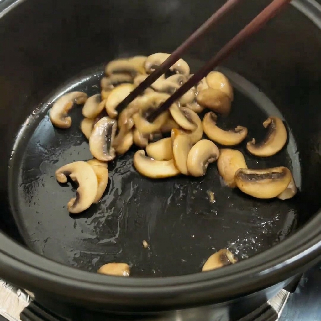 Tomates et champignons en dés en train de sauter ensemble dans une casserole.