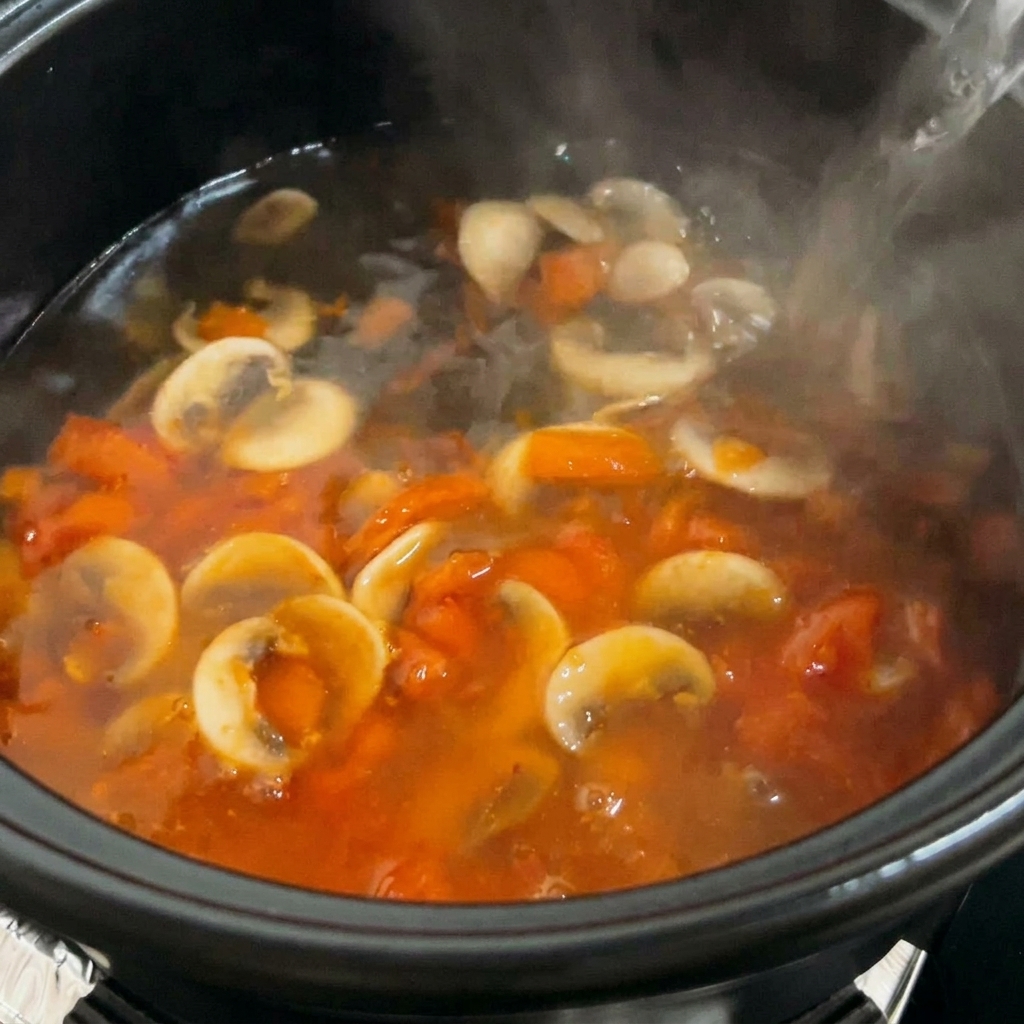 Eau bouillante versée dans la casserole avec le mélange tomates et champignons.