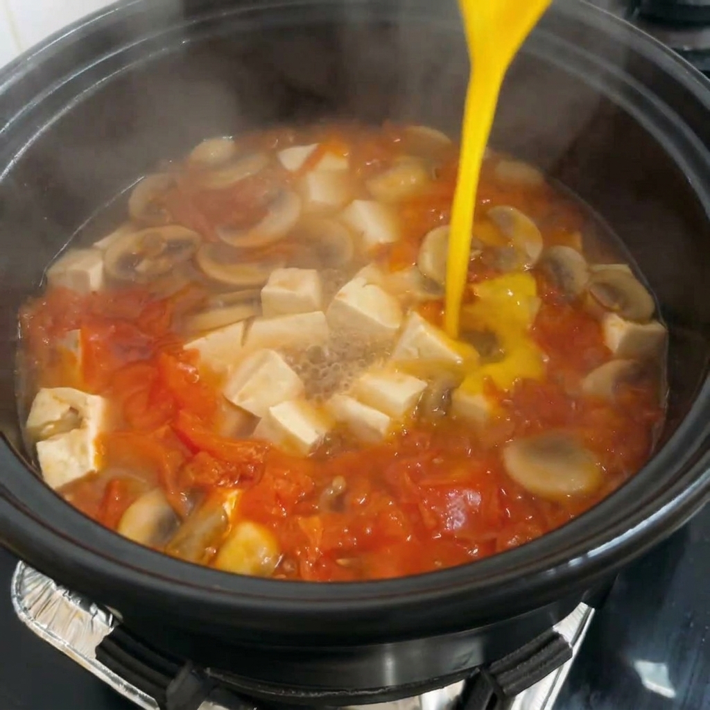 Œuf battu versé dans la soupe bouillonnante, créant des rubans dœuf.