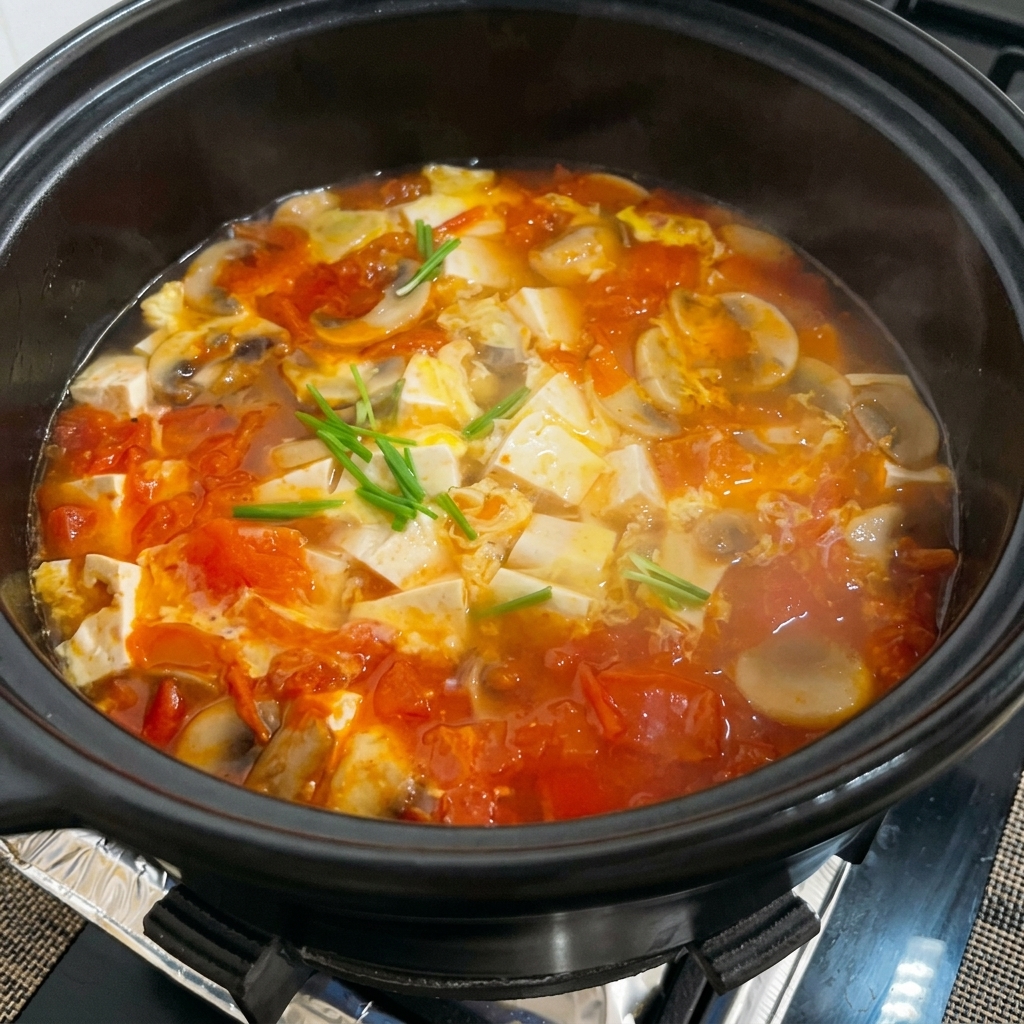 Gros plan sur du sel saupoudré dans la soupe à la tomate et au tofu bouillonnante.