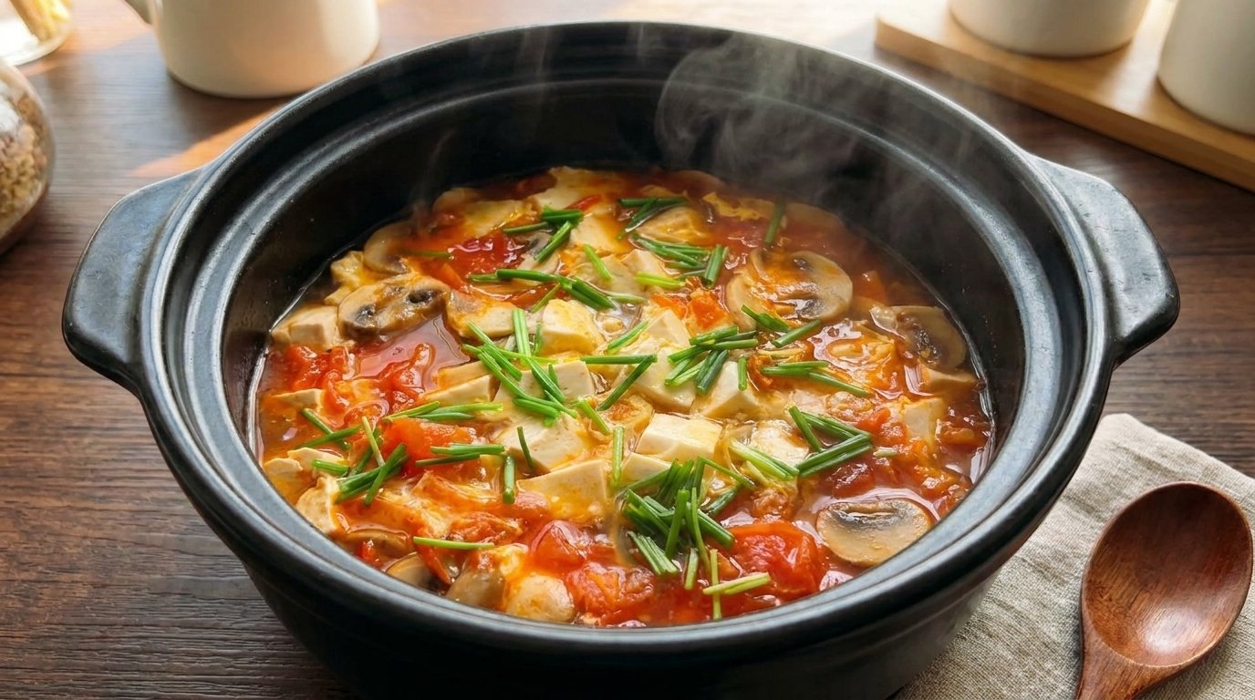 Soupe réconfortante à la tomate, au champignon et au tofu