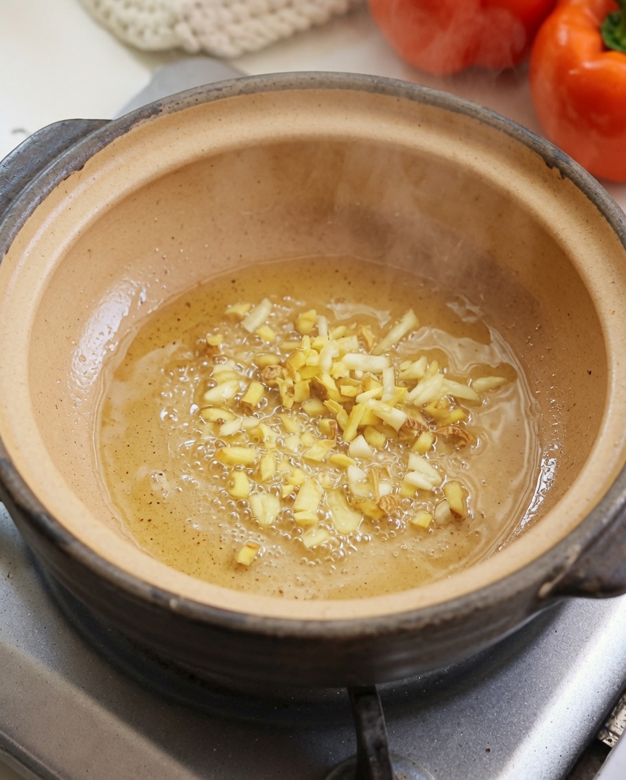 Gingembre et ail hachés grésillant dans un pot dargile avec de lhuile.