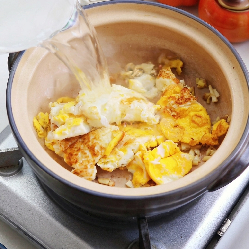 Eau versée dans le pot dargile sur les œufs frits.