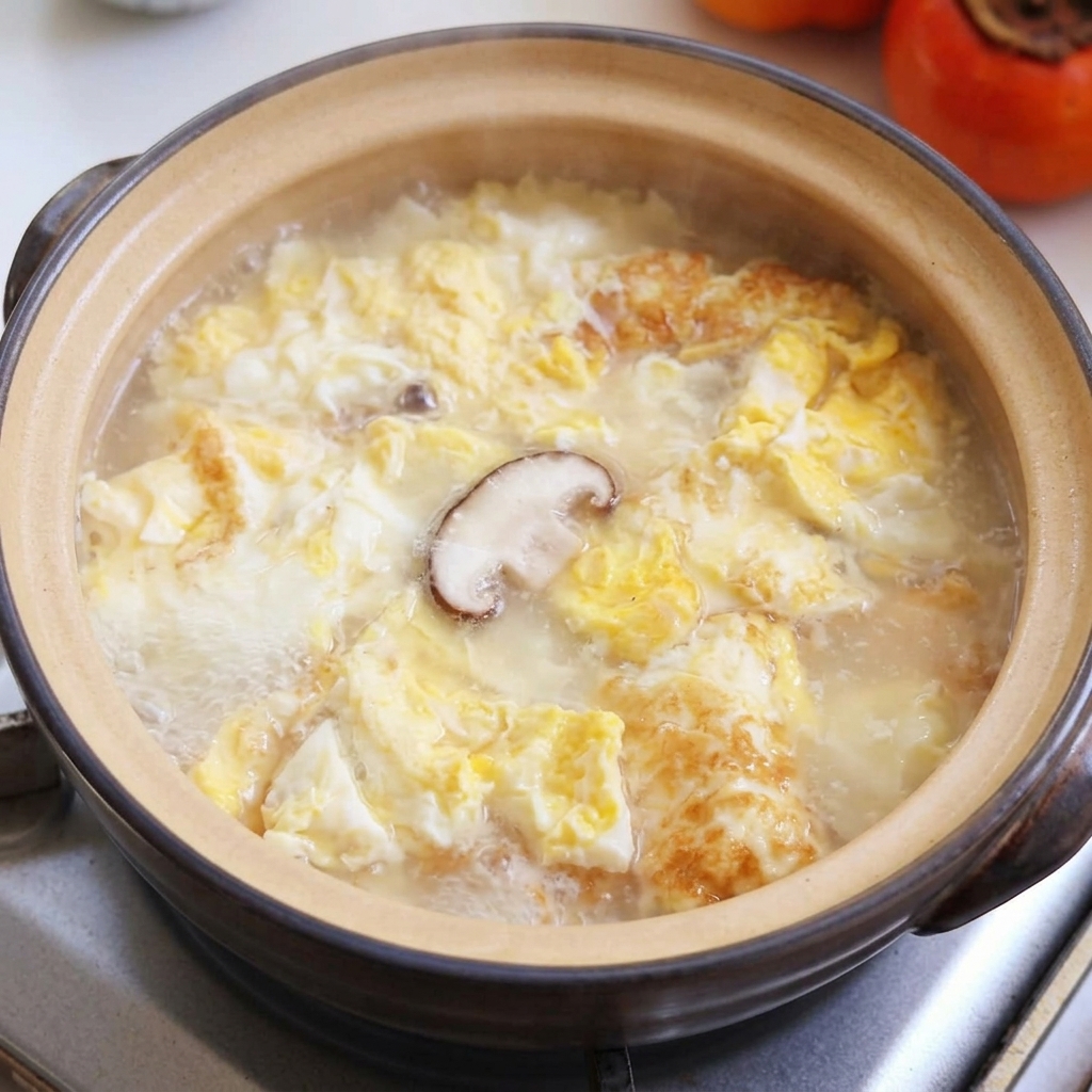 Champignons shiitake, tofu et palourdes mijotant dans le bouillon bouillant.