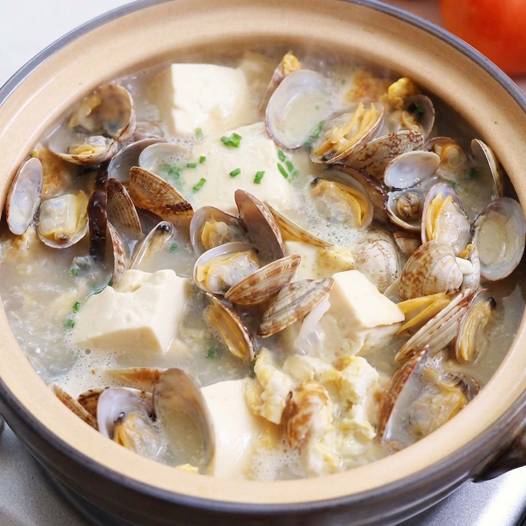 Le pot dargile de soupe aux palourdes et au tofu fini, garni doignons verts hachés et de coriandre.