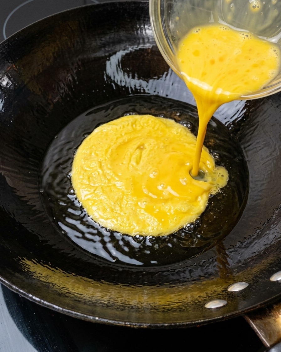 Œufs brouillés dans un wok chaud avec de lhuile.