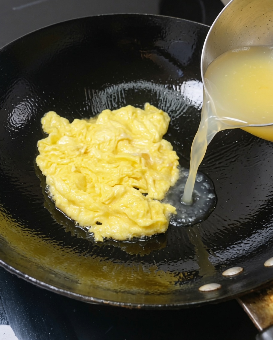Eau chaude versée sur les œufs brouillés dans le wok.