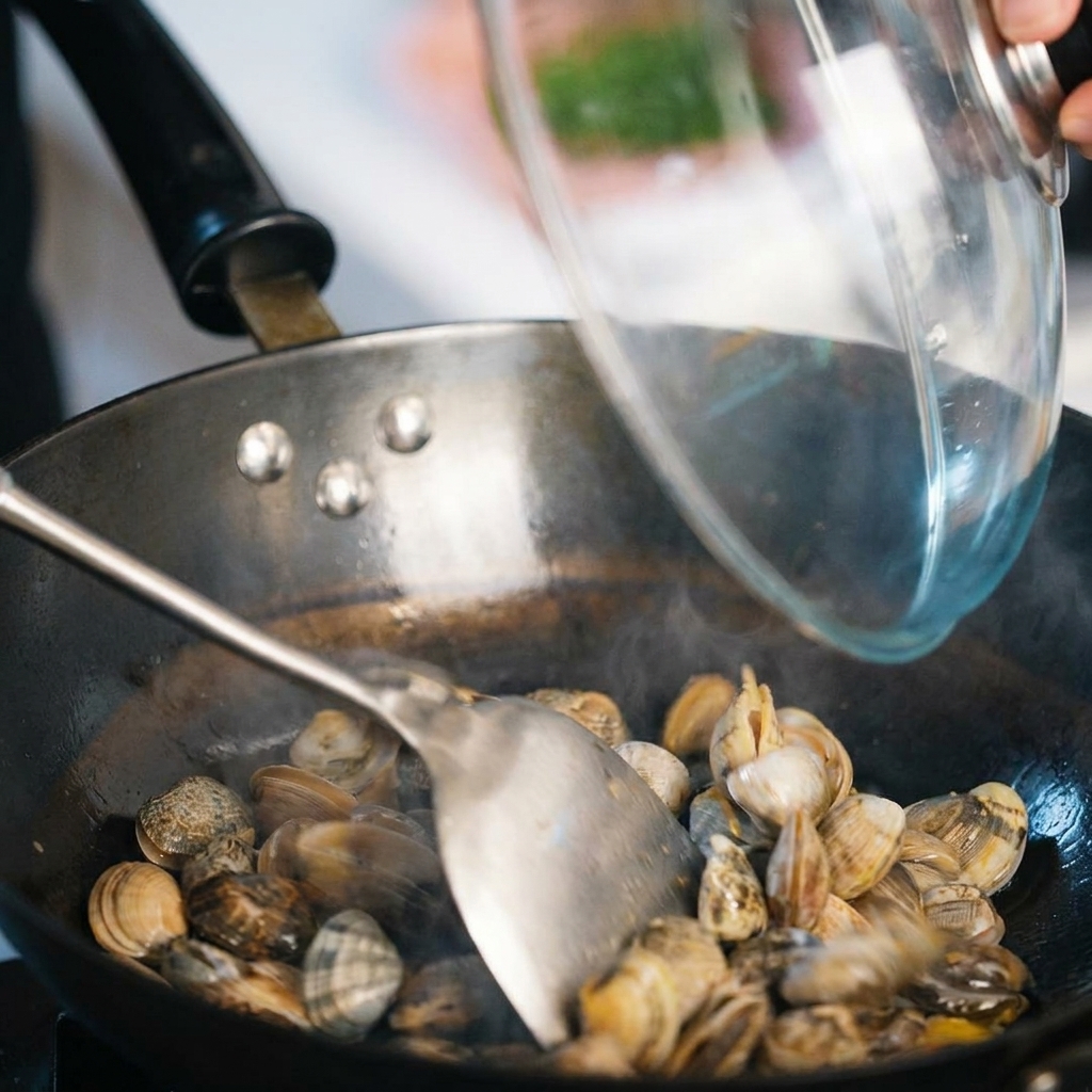 Palourdes fraîches ajoutées aux aromates dans la poêle.